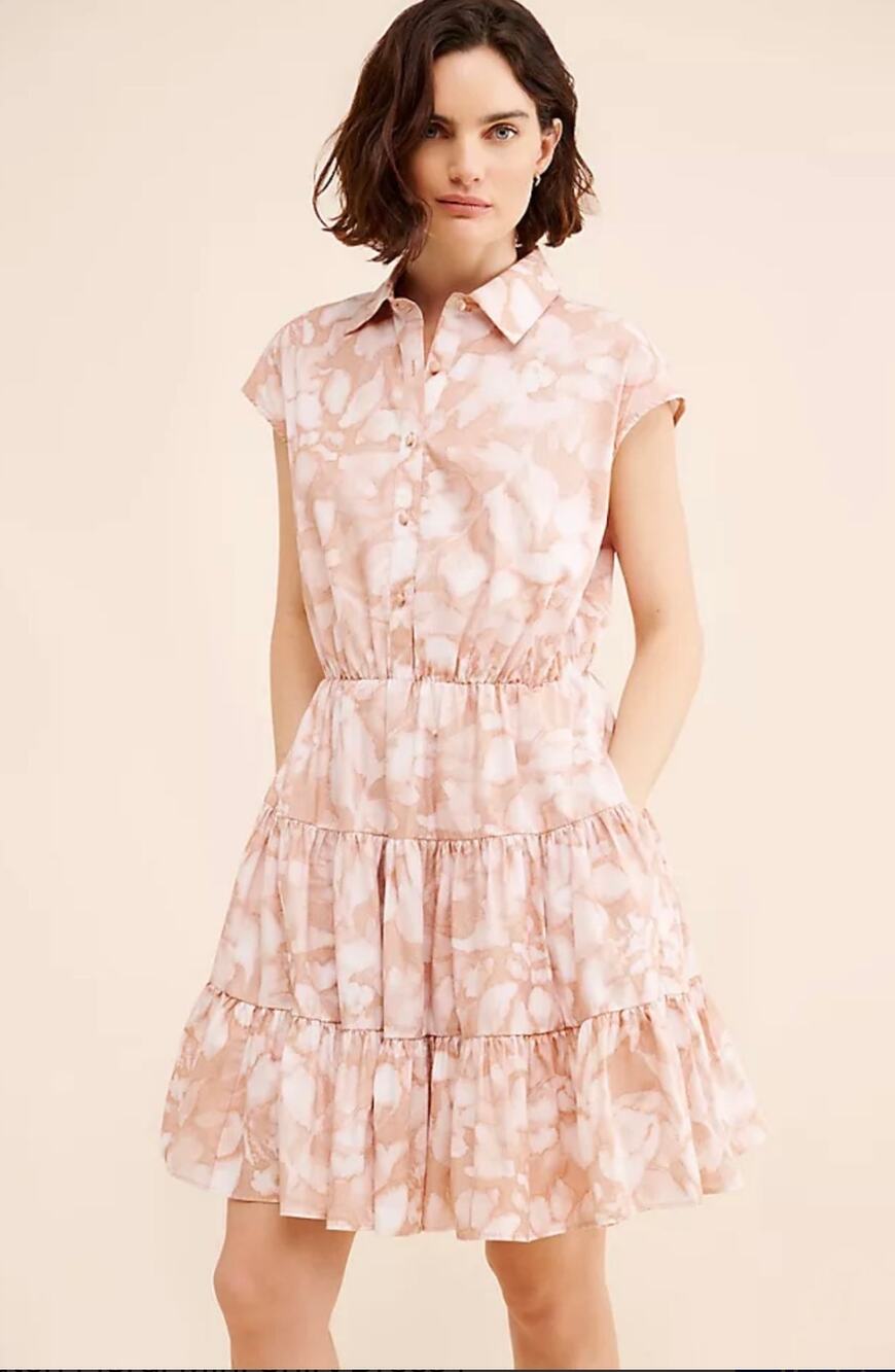 Hutch Anthropologie Floral Mini Shirt Dress Large Pink Tiered Cotton